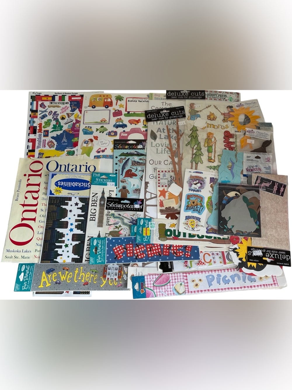 VINTAGE SCRAPBOOK SUPPLIES OUTDOOR TRAVEL STICKERS DIE CUTS CAMPING VACATION